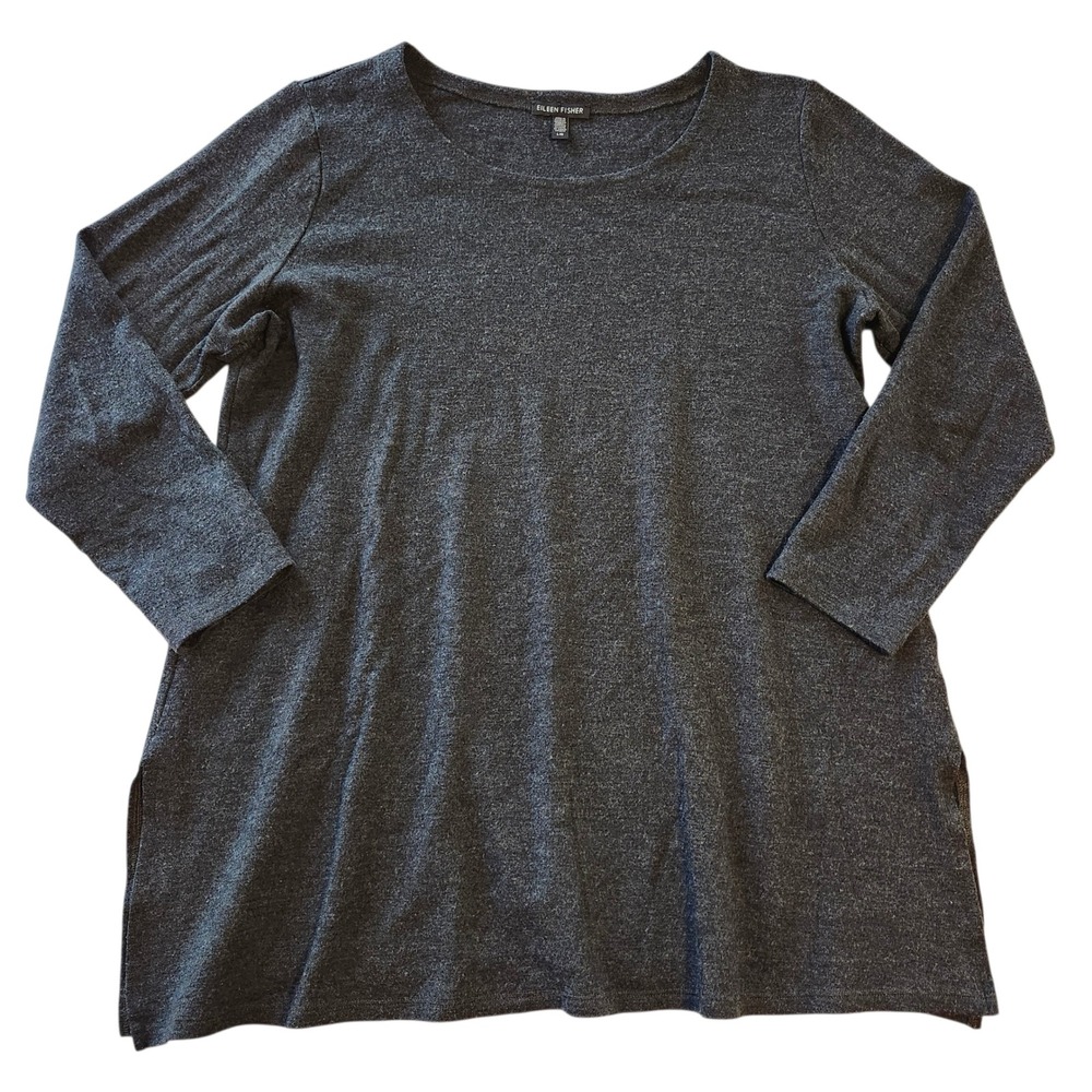 Eileen Fisher 100% wool Long Sleeve Knit Tunic Top Sweater Charcoal Gray Large